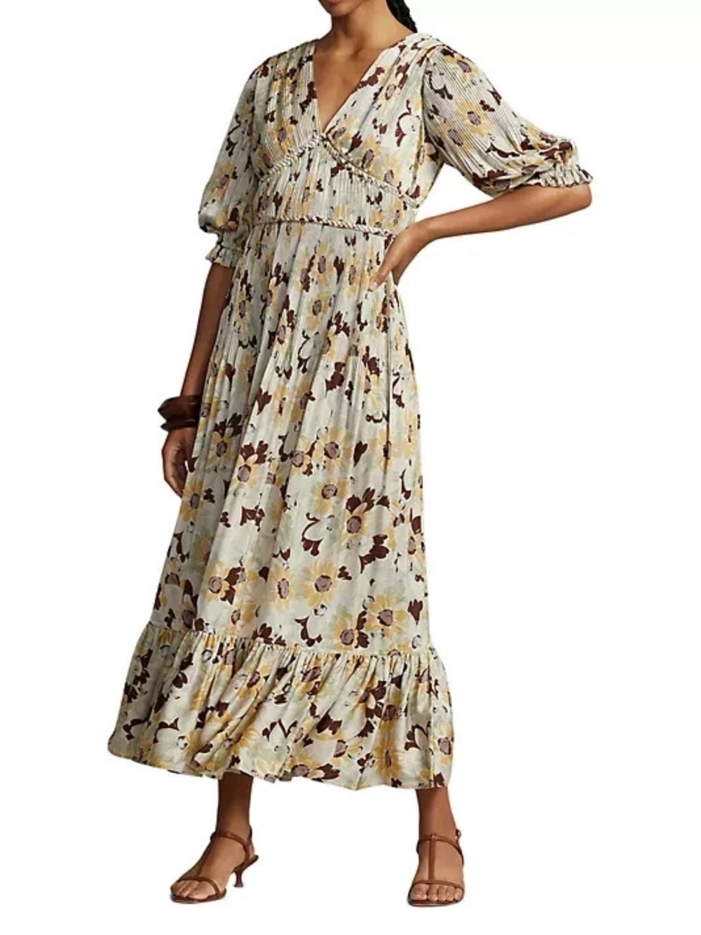 #140 Polo by Ralph Lauren Cream Floral V-Neck Tiered Maxi Dress